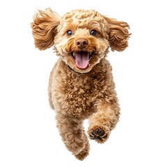 Happy Fluffy Brown Poodle Dog Running on a white background. 