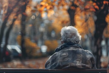 Elderly Man Sitting Alone in an Outdoor Park, Capturing the Solitude of an Elderly Person in Autumn