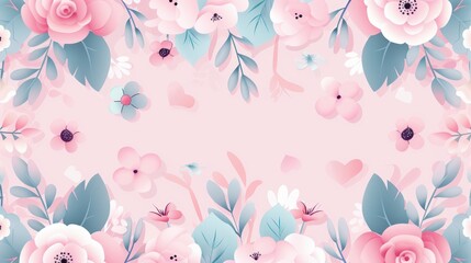 A pink and blue floral background with pink flowers and green leaves