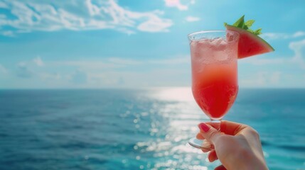 Obraz premium Hand holding a glass of watermelon juice with blue sea background