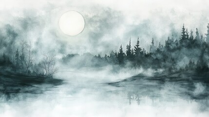 Fototapeta premium A watercolor of a mystical landscape with a full moon and mist, ethereal and calming, isolated on white background