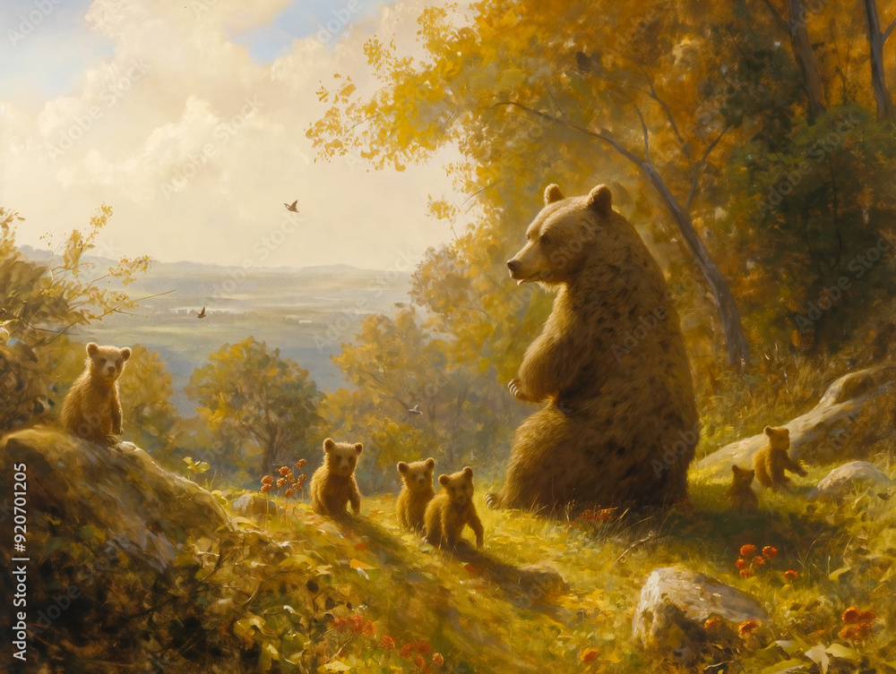 Sticker A painting of a bear and its cubs sitting on a hillside. The bear is looking at the camera, and the cubs are looking away. The painting has a peaceful and serene mood, with the bear