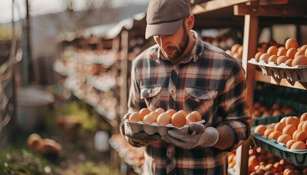 farmer collects eggs at eco poultry farm, free range chicken farm