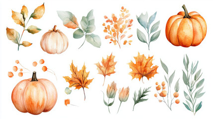 A collection of watercolor illustrations featuring autumn leaves, pumpkins, and foliage elements, perfect for fall or Thanksgiving-themed designs.
