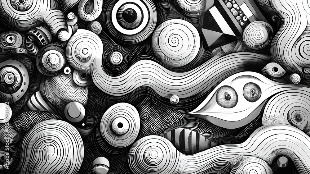 Poster Swirling patterns of circles and lines create a dynamic abstract composition in monochrome tones, emphasizing depth and movement