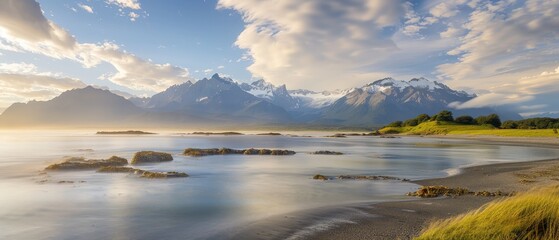 A beautiful beach with a calm ocean and mountains in the background