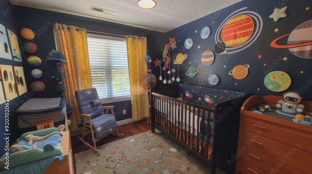 Poster Photograph a baby room with a space theme, including a crib with galaxy bedding, planet mobiles, and astronaut decor.