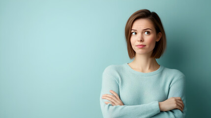 Obraz premium Thoughtful young professional woman with serious expression in minimalist studio setting