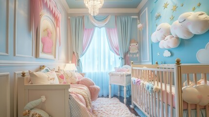 Photograph a baby room with a whimsical theme, featuring a crib with fairy tale bedding, cloud mobiles, and storybook wall art.