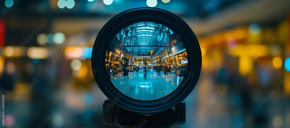 Wall mural reflection of the cityscape on a camera lens