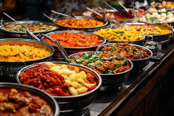 Indian food buffet displaying traditional dishes in metal containers