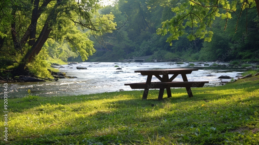 Poster picnicking at a riverside picnic table with the sound of flowing water in the background.