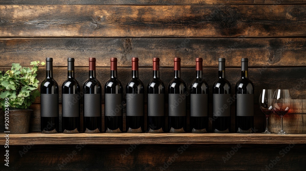 Poster wine bottles with blank labels resting on a wooden shelf