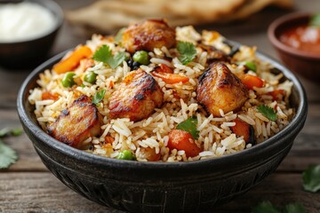 Fototapeta premium Steaming hot indian biryani rice with vegetables in ornate silver bowl
