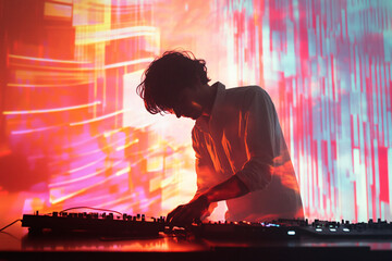 Fototapeta premium A DJ in action, surrounded by a spectrum of vibrant, colorful light effects, creating an immersive and energetic atmosphere at a live event