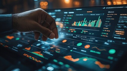Businessman analyzing india economy data on futuristic touchscreen interface
