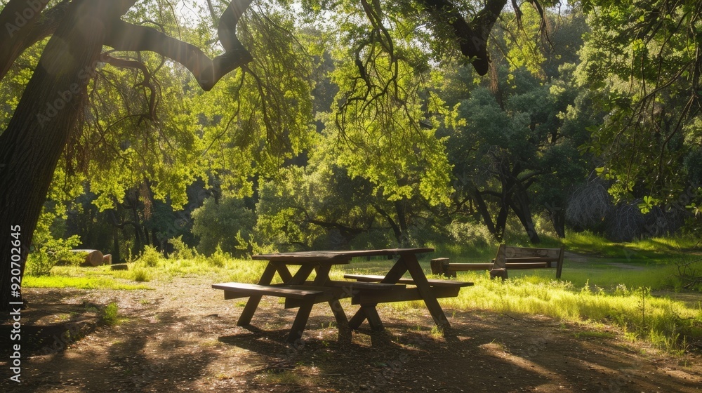 Sticker Picnicking under a canopy of trees, with dappled sunlight filtering onto the picnic table.