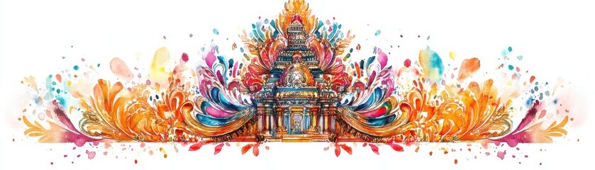 Obraz premium Watercolor painting of an ornate Diwali temple decoration, intricate and colorful, isolated on white background