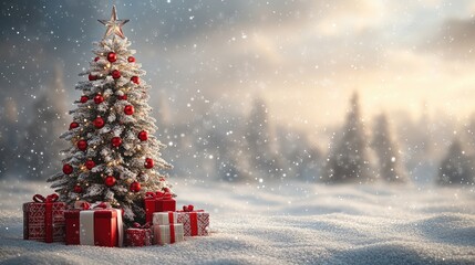 Obraz premium Beautiful christmas tree standing in snow with red presents
