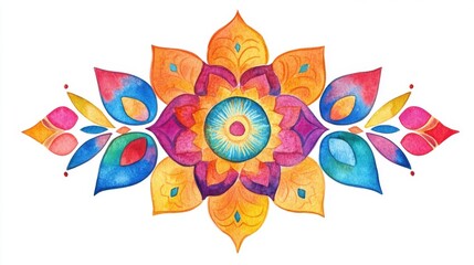 Watercolor depiction of colorful rangoli patterns, intricate and vibrant, isolated on white background