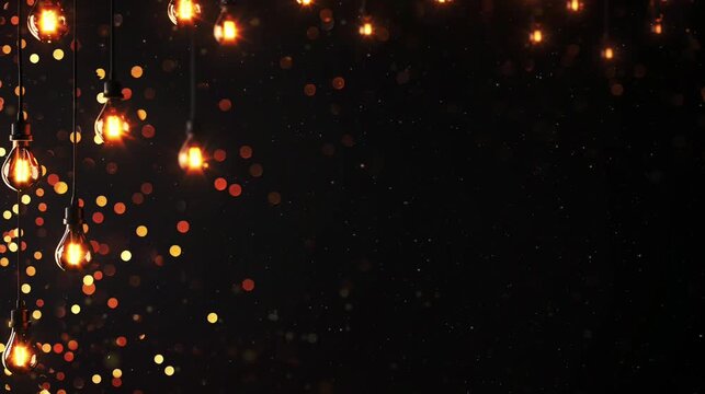 Golden light bulbs hang from a ceiling, casting a warm glow and creating a soft, shimmering effect against the dark background, copy space