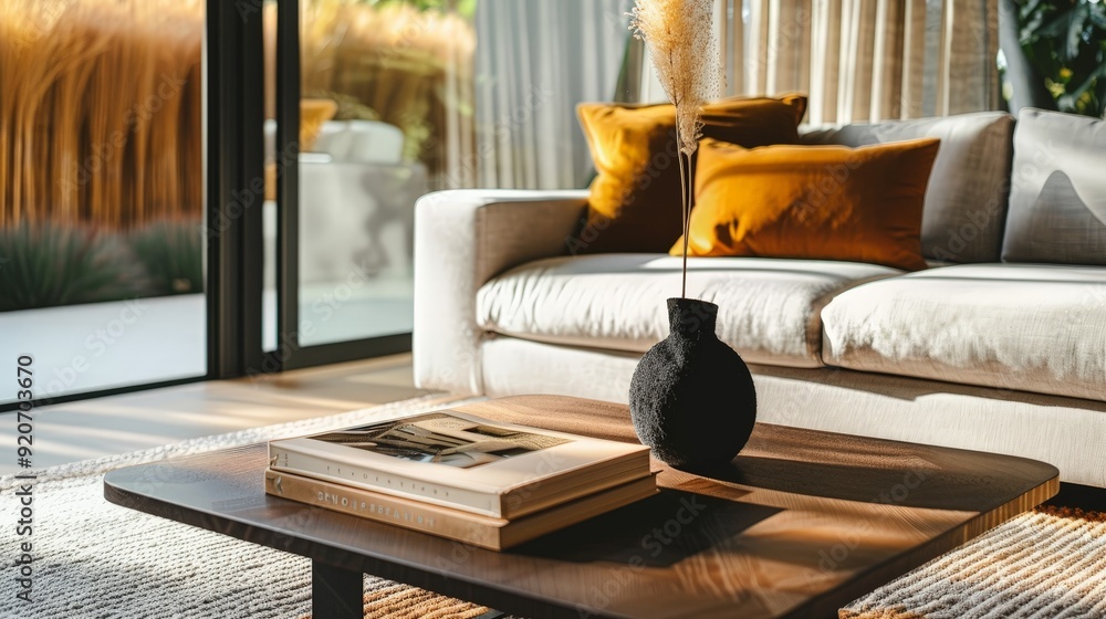 Poster placing a table book on architecture on a sleek modern coffee table, complementing the minimalist de