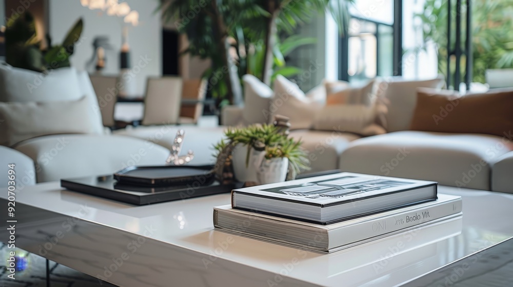 Poster placing a table book on architecture on a sleek modern coffee table, complementing the minimalist de