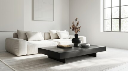 Placing a sleek, black coffee table in a monochromatic living room for a minimalist aesthetic.
