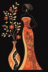 Elegant African woman silhouette next to a flower vase with intricate designs on a black background
