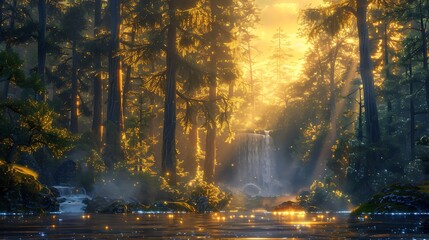 A digital artwork of a mystical forest with towering ancient trees, bioluminescent plants, and a hidden waterfall, sunrise with golden light filtering through the trees, detailed and peaceful,
