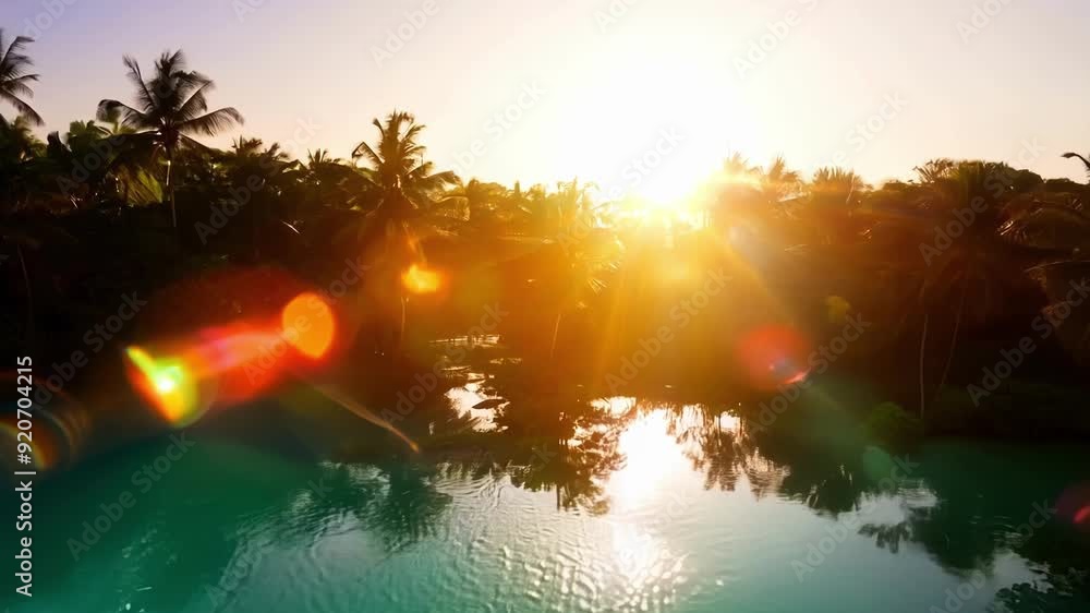 Poster the calm waters of a hidden lagoon on a tropical island shimmering with the light of the setting sun