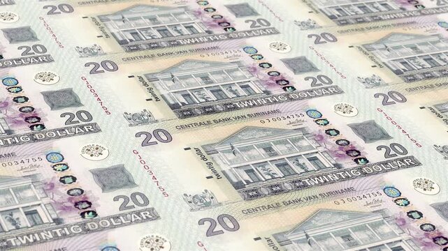 Suriname Surinamese Guilder 20 Banknotes Money Printing House, Printing Twenty Five Surinamese Guilder, Printing Press Machine Print out Surinamese Guilder, Being printed by currency press machine