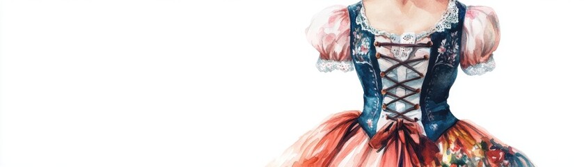 Watercolor painting of a traditional Oktoberfest dirndl dress, pastel hues, isolated on white background