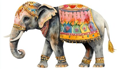 Watercolor of an Indian elephant decorated for Diwali, majestic and traditional, isolated on white background