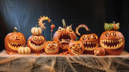 Show a creative pumpkin carving contest, with participants proudly displaying their intricately carved designs, ranging from scary to whimsical.