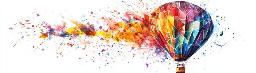 Fototapeta premium Watercolor of a hot air balloon with intricate geometric patterns, artistic and unique, isolated on white background