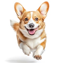 happy welsh corgi dog is running on a white background.