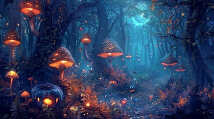 Show a Halloween background with a dark, enchanted forest filled with glowing mushrooms and mysterious creatures.