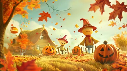 Fototapeta premium Show a happy family enjoying a Halloween hayride, surrounded by colorful autumn leaves, pumpkins, and friendly scarecrows.