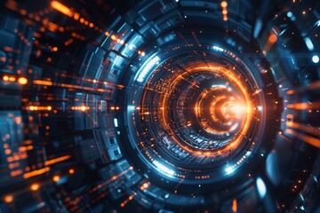 Obraz premium Stunning digital vortex with bright light. Abstract futuristic tunnel style. Background concept and design element. Perfect for tech projects or presentations. Generative AI