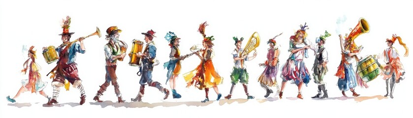 Watercolor depiction of Oktoberfest street performers, lively and entertaining, isolated on white background