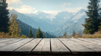 Empty rustic wooden table with a serene mountain landscape in the background, ideal for outdoor gear presentations