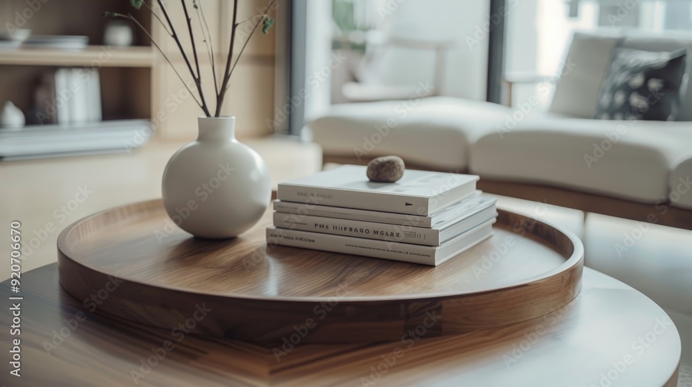 Poster styling a minimalist coffee table with a stack of art books and a single, elegant vase.