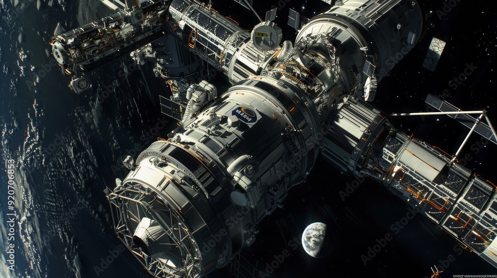 Poster suspended in the inky blackness of space, astronauts are hard at work building a new space station. 