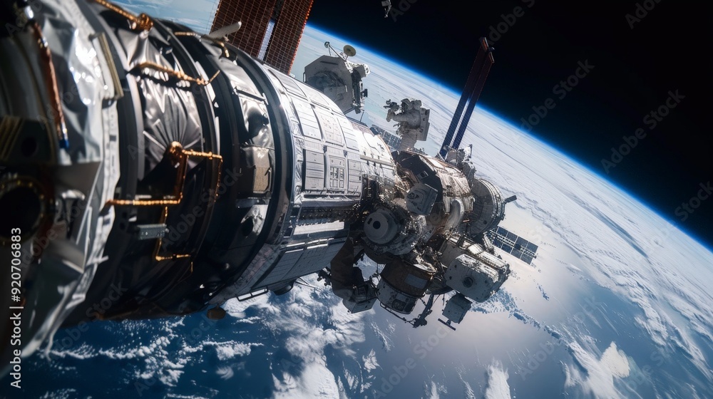 Poster suspended in the inky blackness of space, astronauts are hard at work building a new space station. 