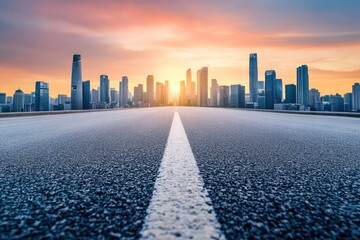 Asphalt highway road and city skyline with modern buildings at sunset. car background with generative ai