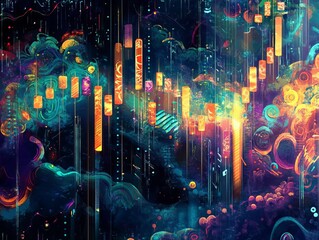Fractal metropolis, a digital tapestry of numbers radiating from urban core, merging science and design in a cosmic cityscape