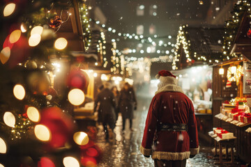 Fototapeta premium A bustling Christmas market with stalls selling festive goods, people drinking hot cocoa, and colorful lights strung above, creating a lively holiday atmosphere 