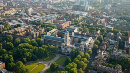 Fototapeta premium Take an aerial tour of renowned universities and colleges, including the campuses of University College London, College, and Imperial College.