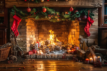 A cozy Christmas fireplace with a roaring fire, stockings hanging on the mantel, and a garland of pine branches and twinkling lights, warm and inviting atmosphere.